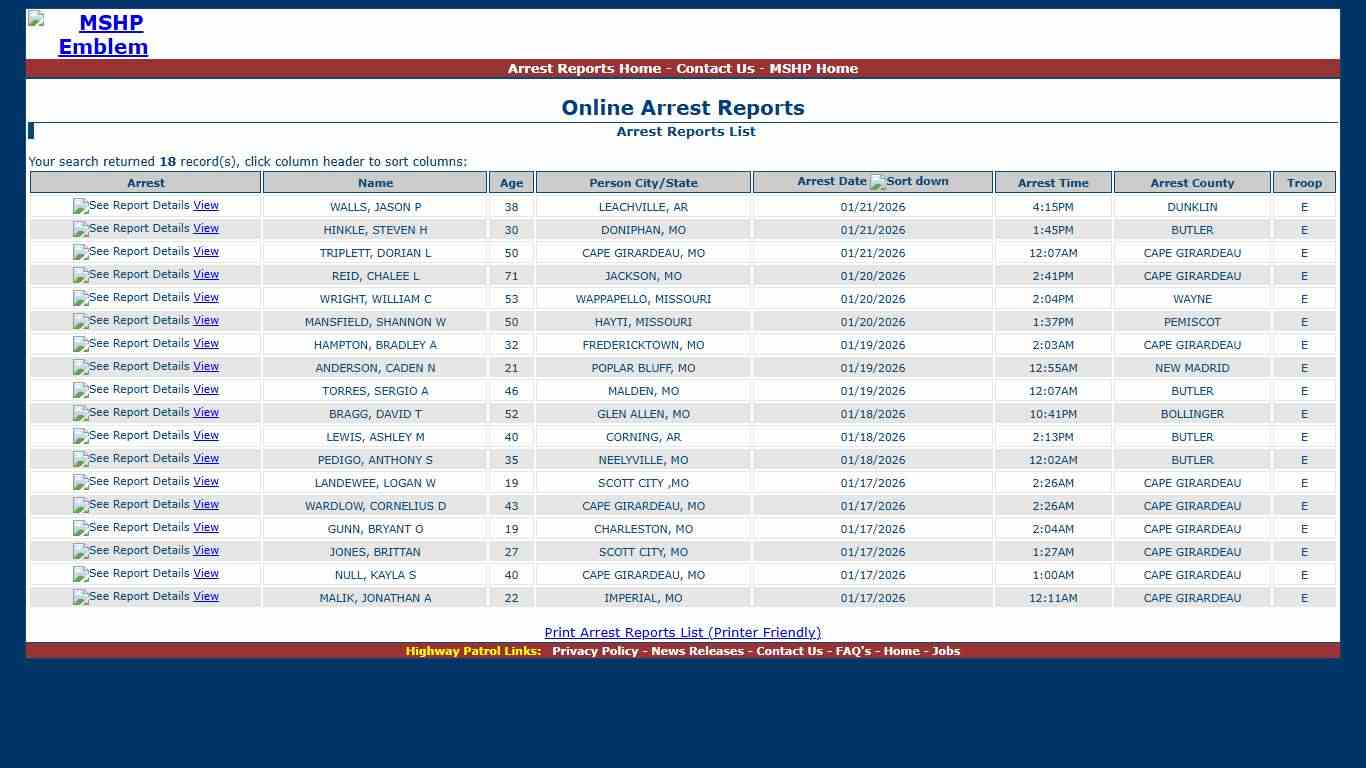 Missouri State Highway Patrol - Arrest Reports List